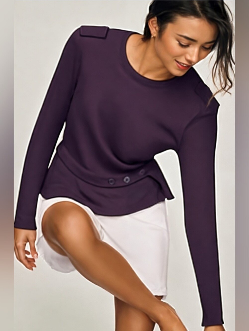 ZARA Long-Sleeve Crewneck Top With Belted Waist- Deep Plum Purple